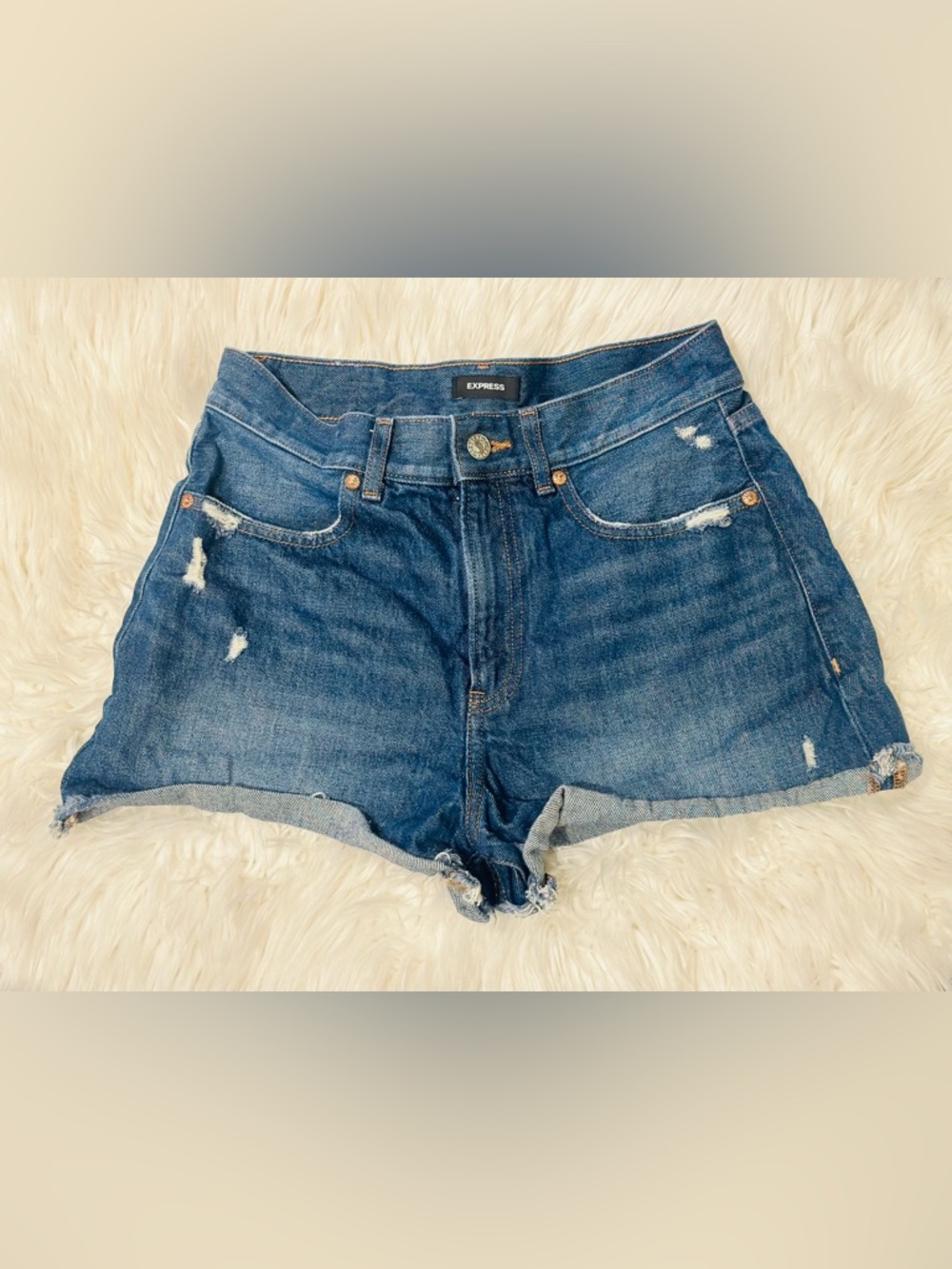Express Mom Super Shortie High-Rise Distressed Jean Shorts